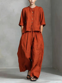 Solid-color Cotton-linen Shirt And Loose-fitting Trousers Two-piece Set