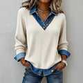Womens Denim-Trim Patchwork Mock Two-Piece V-Neck Long-Sleeve Casual Top