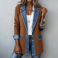 Womens Casual Denim Patchwork Ribbed Lapel Jacket Suit