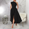 Womens Sleeveless Slash-Neck Solid Color Waist-Cinching Dress