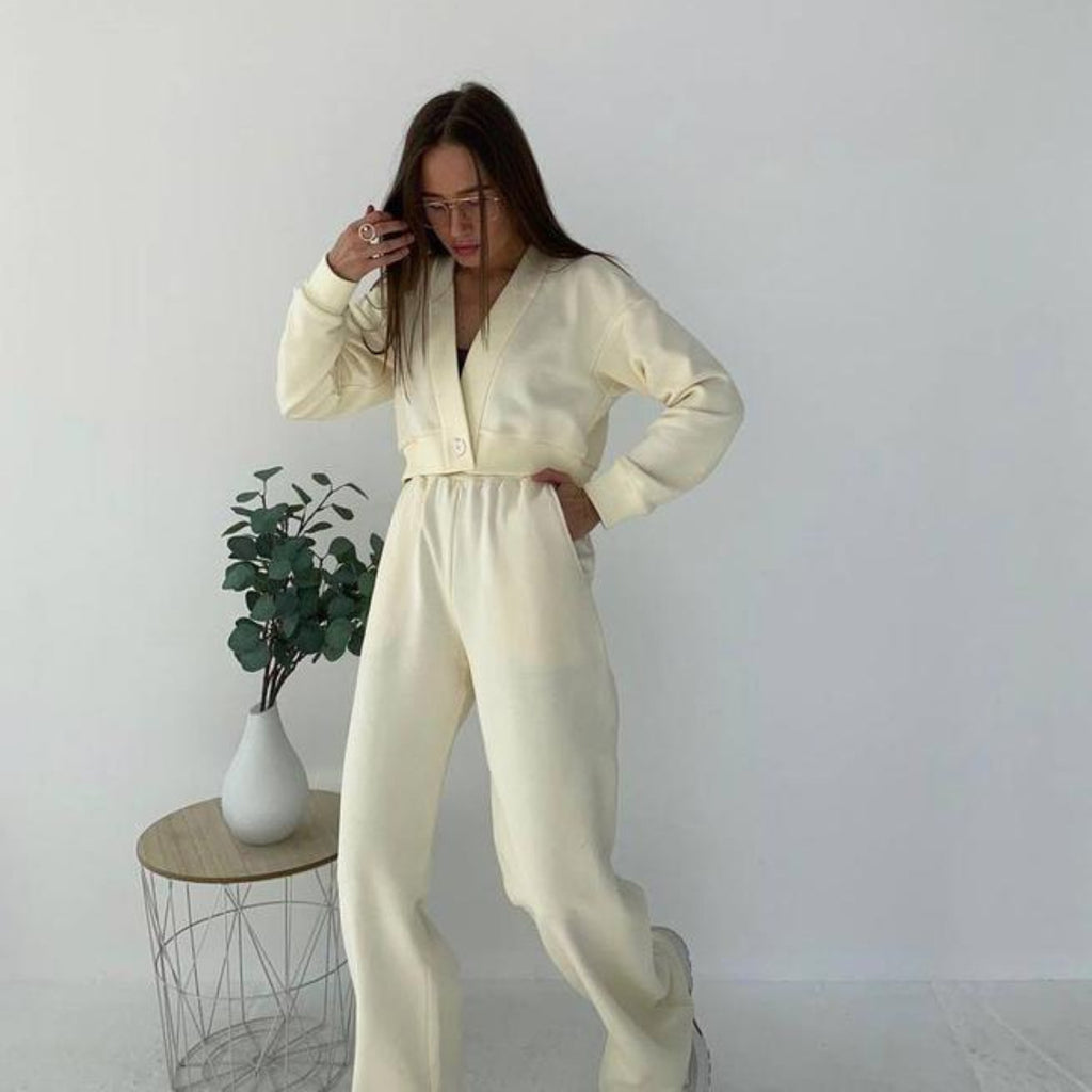 Solid Color Cardigan Long-sleeved Sweater Trousers Suit