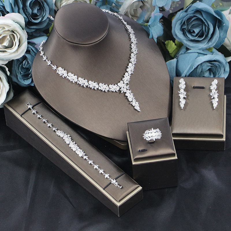 Bridal Wedding Dinner Jewelry Suit Fashion Rose Zircon Necklace Earrings Four-piece Set