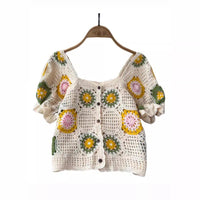 Hollow Knitted Jacquard Temperament Square Collar Top