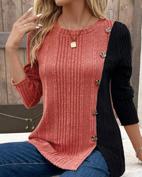 Solid Color Round Neck Sunken Stripe Brushed Slit Contrast Color Fashion Buttons