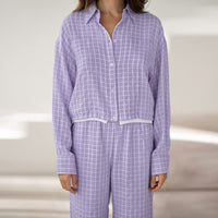 Purple Plaid Loose Cozy Soft Long-Sleeve Pajama Set With Pants
