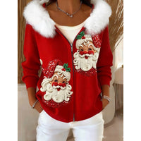 Stylish 3D Digital-Print Womens Cardigan With Faux Fur Hoodie