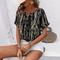Women's V-Neck Loose Fit Printed Short Sleeve Shirt - Casual European American Style Top