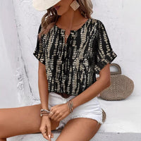 Women's V-Neck Loose Fit Printed Short Sleeve Shirt - Casual European American Style Top