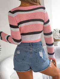 Hollow-out Color-block Striped Lace-up Long-sleeve Cropped Knit Cardigan Sun Protection Shirt