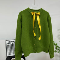Bow Ribbon Sweet Gentle Small Golden Button Sweater