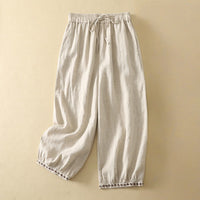 Womens Cotton Linen Embroidered Drawstring Loose Casual Pants
