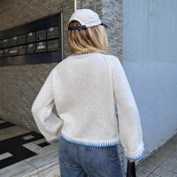 Color-block Crew-neck Retro Embroidered Loose-fitting Pullover Sweater
