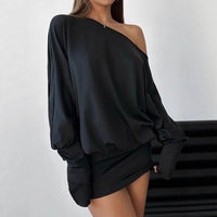 Elegant Off-shoulder Loose-fit Dress With Flared Sleeves