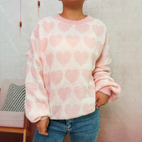 Fashion Color Contrast Knitted Pullover Round Neck Love Loose Sweater