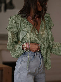 Womens Floral Print V-Neck Long-Sleeve Patchwork Ruffle-Trim Loose Shirt