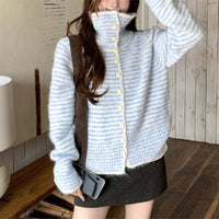 Gentle Simple Korean Style Polo Collar Stripes Long Sleeve Sweater