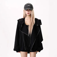 Retro Double Zipper Stitching Deconstructing Air Layer Hooded Sweater