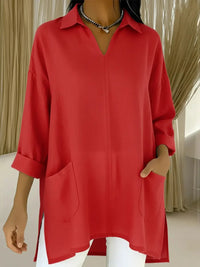 Womens Fashion Solid-color Pocket Shirt With A Loose-fitting Collar