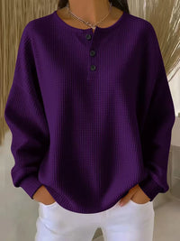 Ins Waffle Long-sleeved T-shirt Fashion Solid Color Buttons Round Neck Pullover Top Women's Clothing