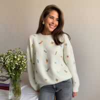 Crew Neck Pullover Embroidered Flower Sweater