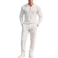 Mens Casual Solid-Color Button-Down Crew-Neck Long-Sleeve Pants Set
