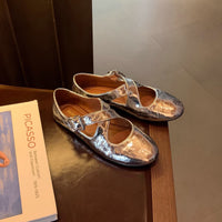 Cross Strap Silver Round Head Women's Shallow Mouth Flat Bottom Leather Shoes
