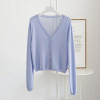 Spring And Summer V-neck Short Tencel Knitted Cardigan Pure Color All-matching
