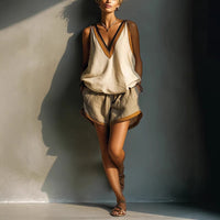 Womens Fashion Color-Block V-Neck Sleeveless Shorts Set