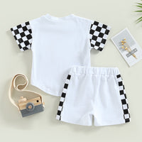 New Infant Toddler Chessboard Plaid Stitching Short Sleeve Suit