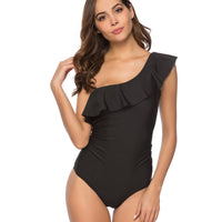 Women's Single Shoulder Lotus Leaf Edge Solid Color Swimsuit
