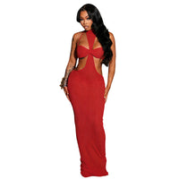 Solid-color Sexy Ribbed Hollow-out Strap Sleeveless Slim-fit Long Dress