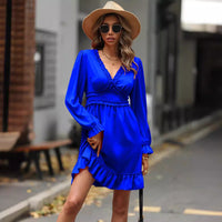 V-neck High-waisted Womens Outfit Elegant Long-sleeve A-line Dress