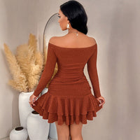 Off-the-shoulder Long-sleeve Waist-cinching Ruffle-trimmed Mini Skirt