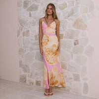 Printed Mid-Waist V-Neck Slip Dress For Women