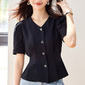 Lady Temperament V-neck Puff Short Sleeve Solid Color Slim Fit Slimming Shirt