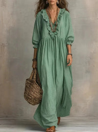 Womens Striped Ruffle-Trimmed Loose High-Waist V-Neck Dress