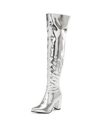 Shiny Gold Patent Leather Chunky-heeled Over-the-knee Boots