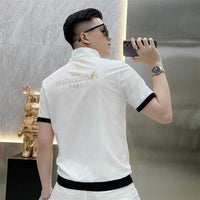 Cardigan Short Sleeve Men's Ice Silk Leisure Shirt Printed Stand Collar Lightweight Breathable Half Sleeve