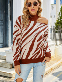 Half-high Collar Long Sleeves Tiger Pattern Sweater Off-the-shoulder Sweater