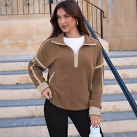 Stand-up Collar Casual Color-block Women's Zip-up Long-sleeve