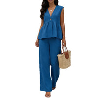 Womens Casual V-neck Top And Wide-leg Pants Two-piece Set