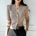 V-neck Slim-fit Slim-fit Right-angle Shoulder Long-sleeved Knitted Cardigan