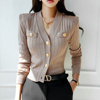 V-neck Slim-fit Slim-fit Right-angle Shoulder Long-sleeved Knitted Cardigan