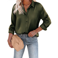 Women's Satin Silk Button Shirt European And American Leisure Loose Long Sleeve Satin Top