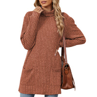 Mock-neck Long-sleeve Casual Womens Top With Pockets