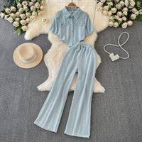 Womens Wide-leg Pants And Slim-fit Single-breasted Top Two-piece Set
