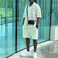 Mens Hollow-Out Lapel Button-Up Shirt And Loose Casual Shorts Set