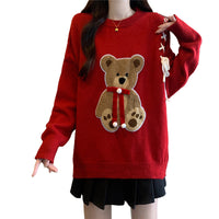 Red Fashionable Cartoon Bear Slim Fit Sweet Bow Sweater For Women