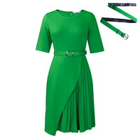 Solid-color Stylish And Elegant Midi Skirt Featuring A High-rise Waist Pleated Detailing And Three-quarter-length Sleeves