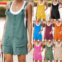 New Solid Color Round Neck Button Loose Short Jumpsuit